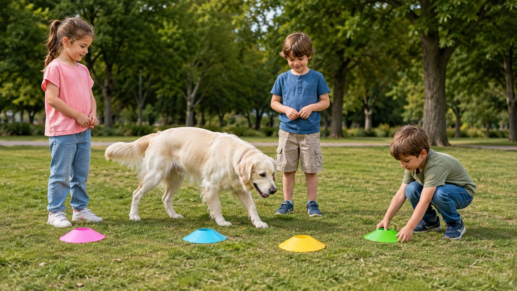Tre bambini propongono a Stella un gioco educativo con marcatori colorati