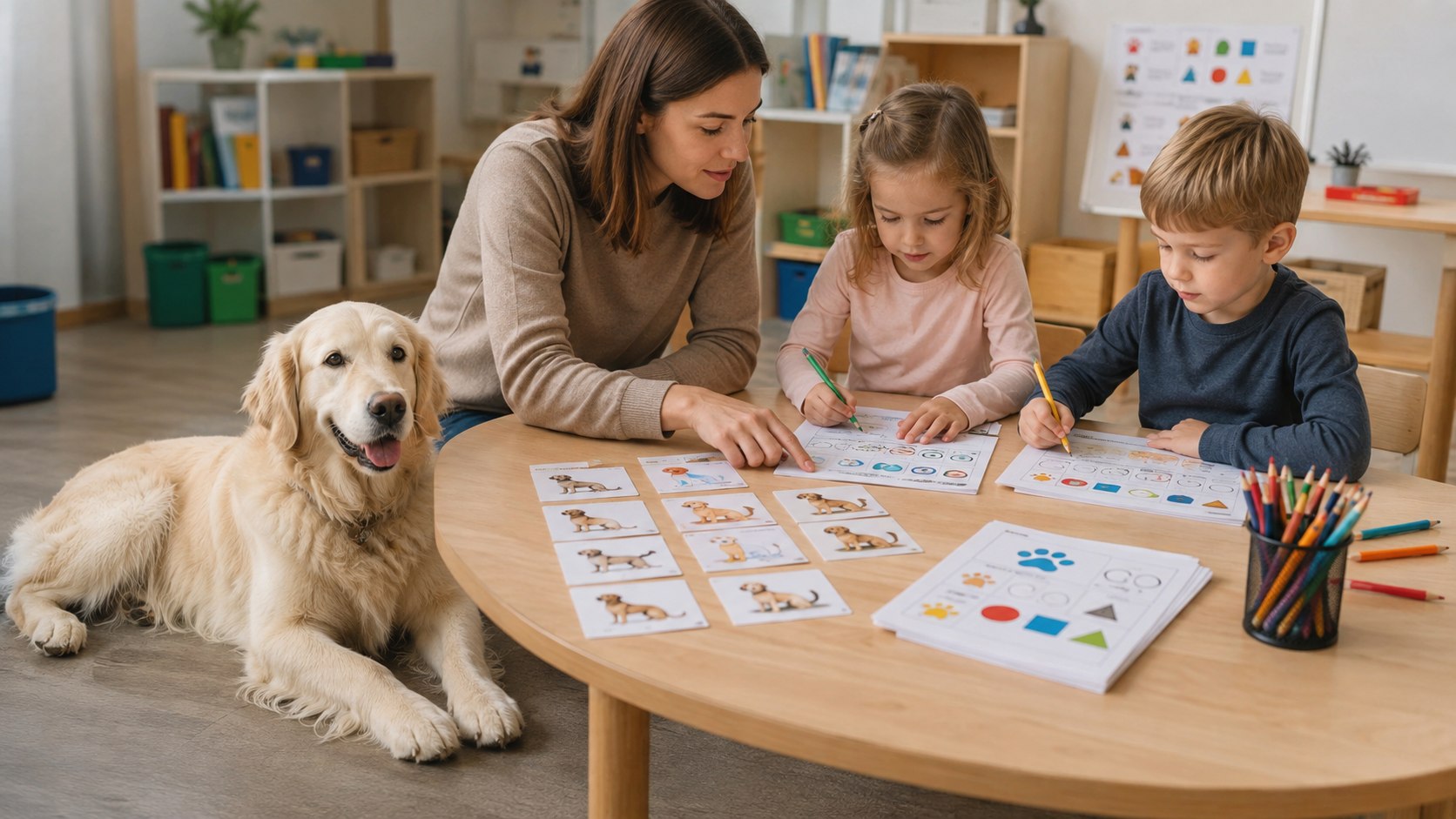 Un'insegnante e due bambini utilizzano materiali educativi mentre Stella riposa accanto a loro