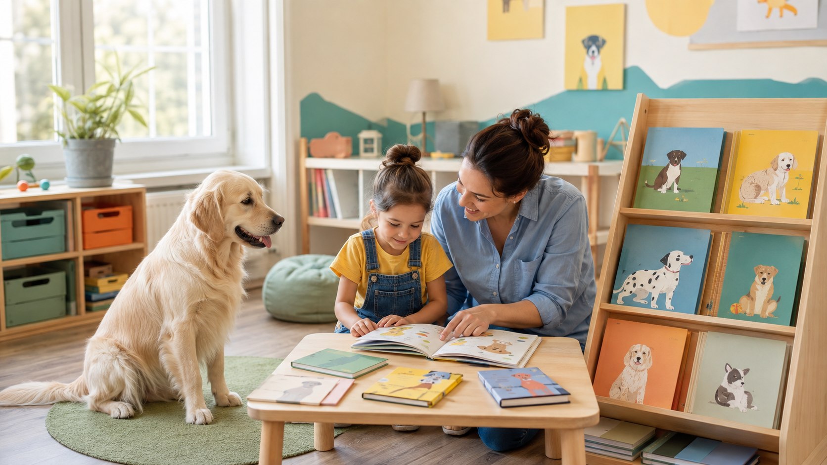 Stella accompagna una bambina e un'adulta nella scoperta dei libri BauKids
