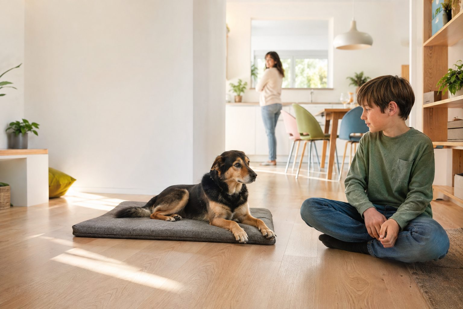 Un bambino osserva con calma un cane sul suo tappetino, mentre un adulto supervisiona sullo sfondo
