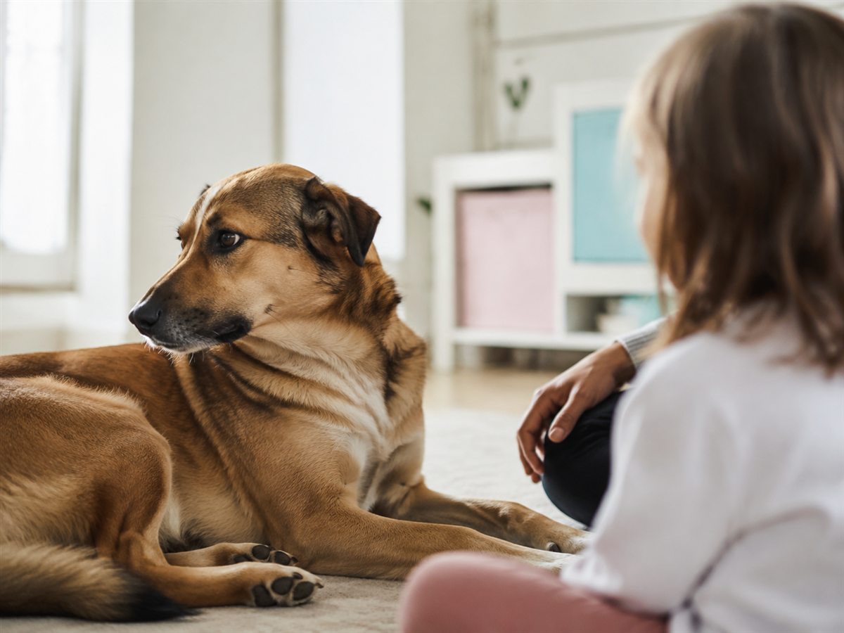 Un cane volta delicatamente la testa mentre un bambino e un adulto lo osservano a distanza