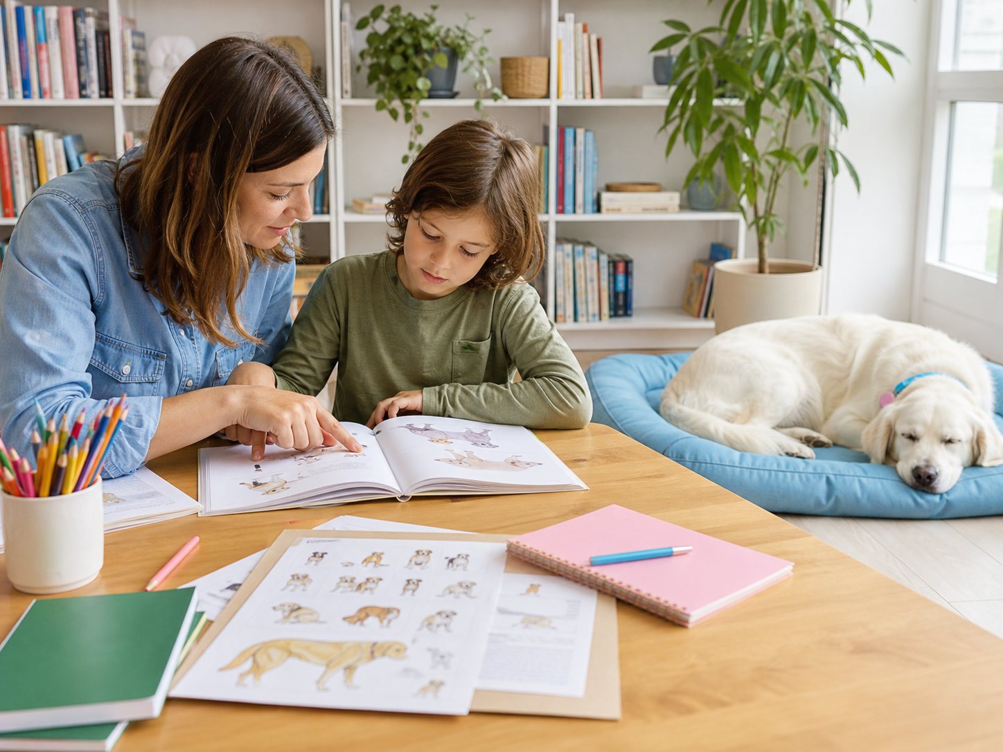 Un adulto e un bambino consultano materiali sul cane mentre Stella riposa