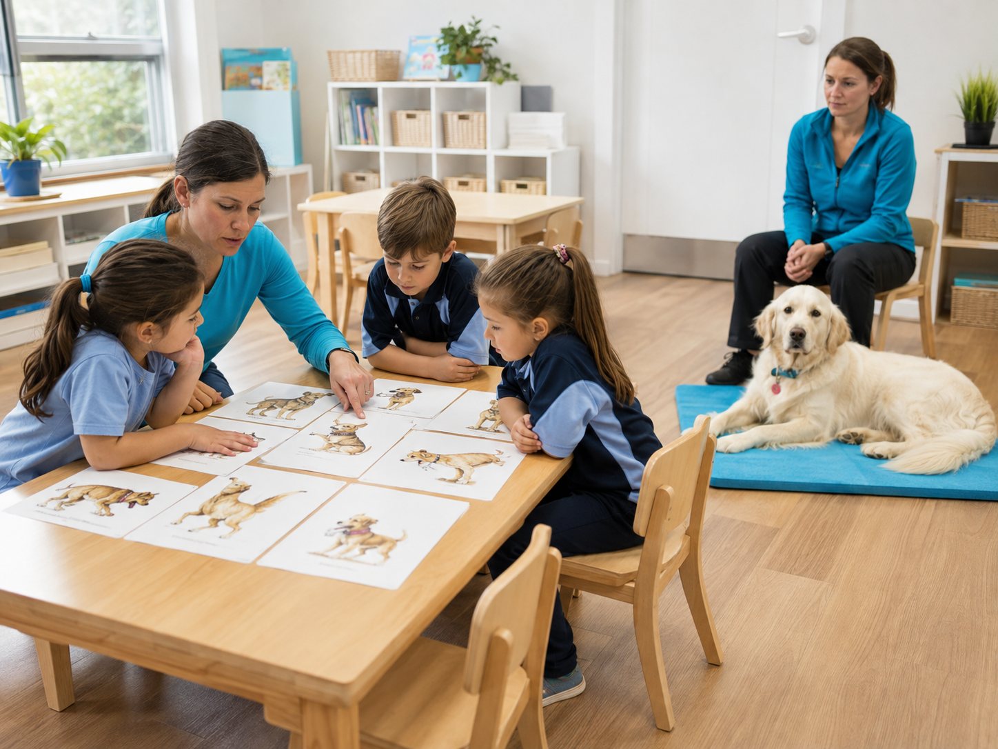 Una classe lavora sul linguaggio del cane mentre Stella riposa con la sua referente