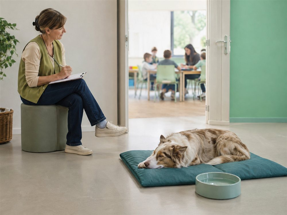 Un cane riposa durante una pausa mentre la conduttrice ne osserva il benessere