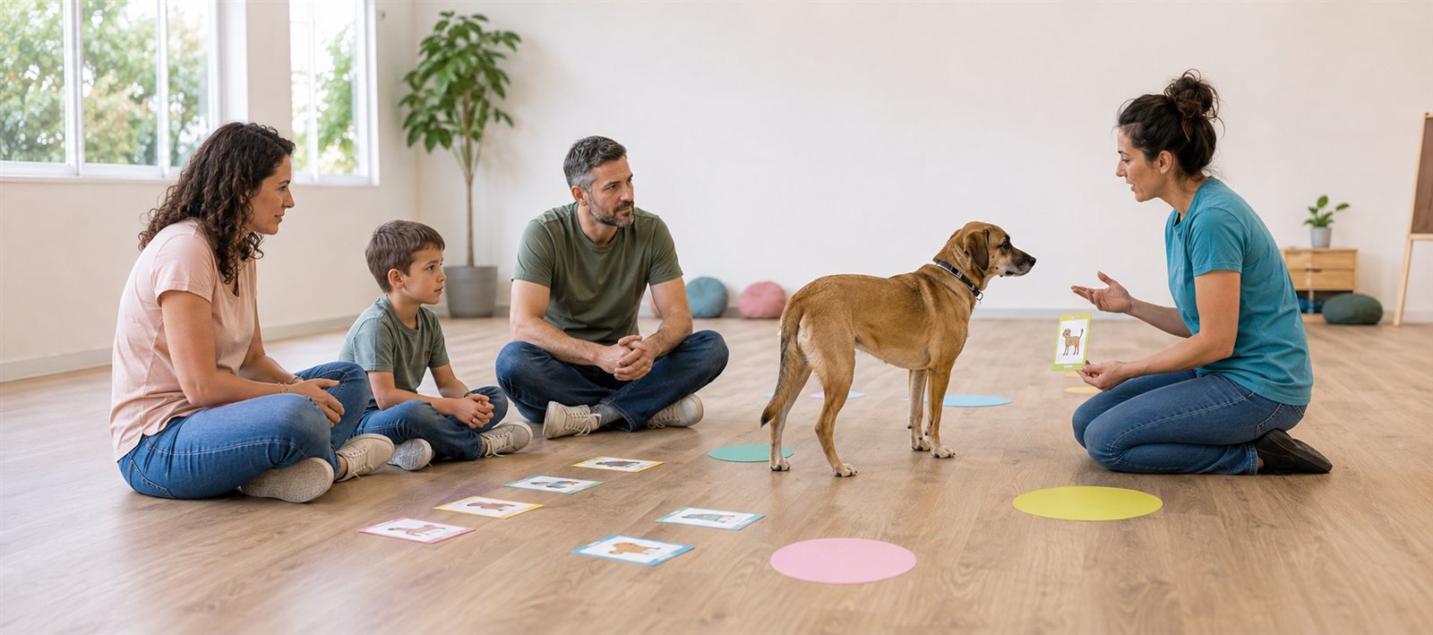 Una famiglia osserva un cane durante un'attività guidata da un'educatrice