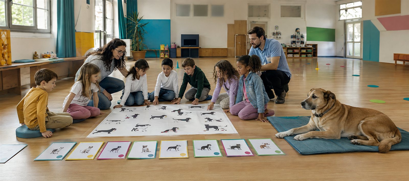 Bambini esplorano una mappa del linguaggio del cane durante un progetto scolastico