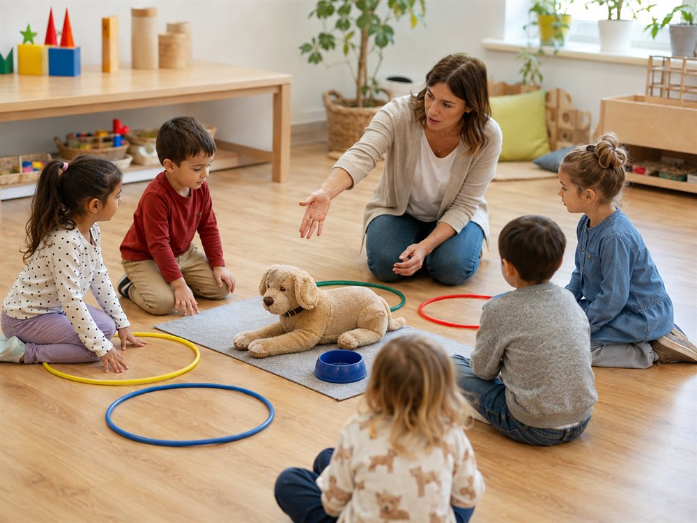 Bambini della scuola dell'infanzia esplorano gli spazi del cane con materiali simbolici