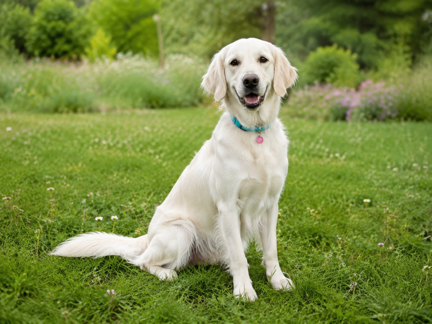 Stella, Golden Retriever dal mantello chiaro, felice e seduta su un prato