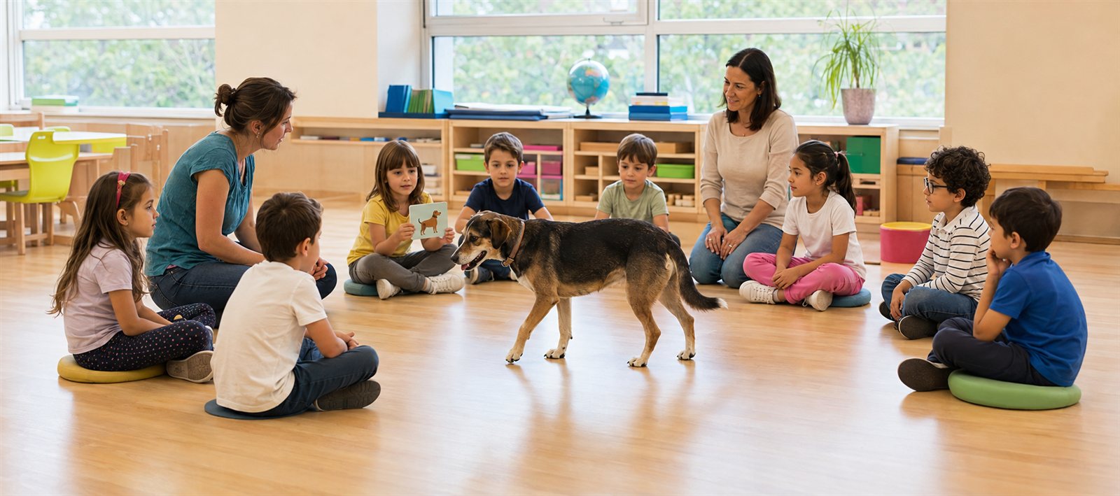 Bambini e insegnanti osservano un cane durante un'attività educativa guidata
