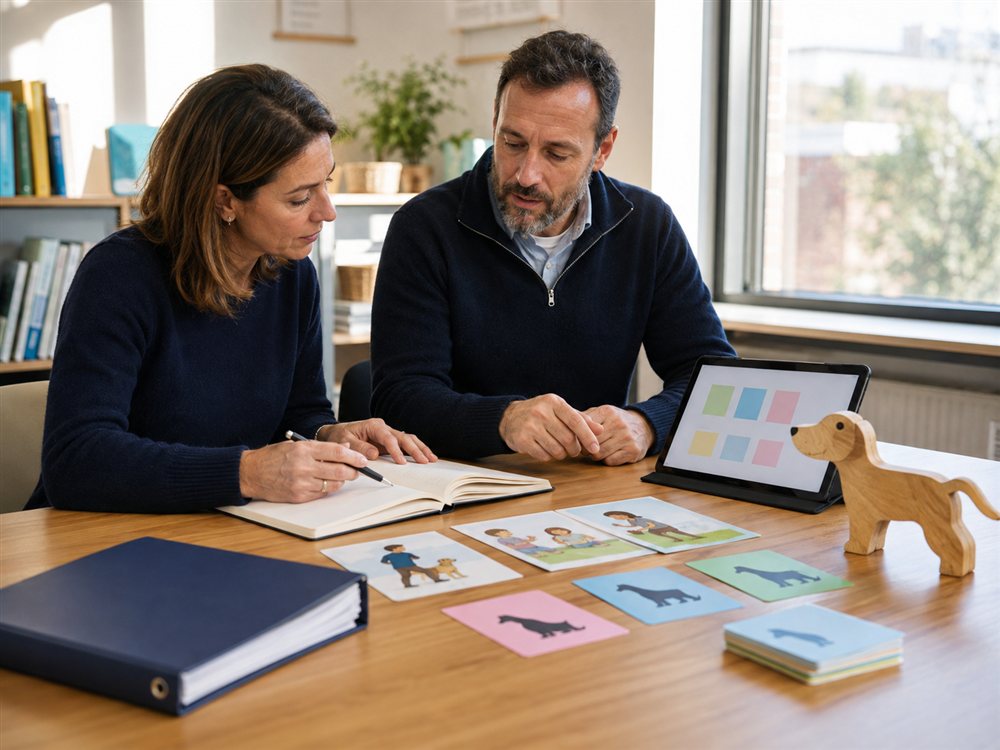 Un'insegnante e un educatore progettano insieme un percorso scolastico BauKids
